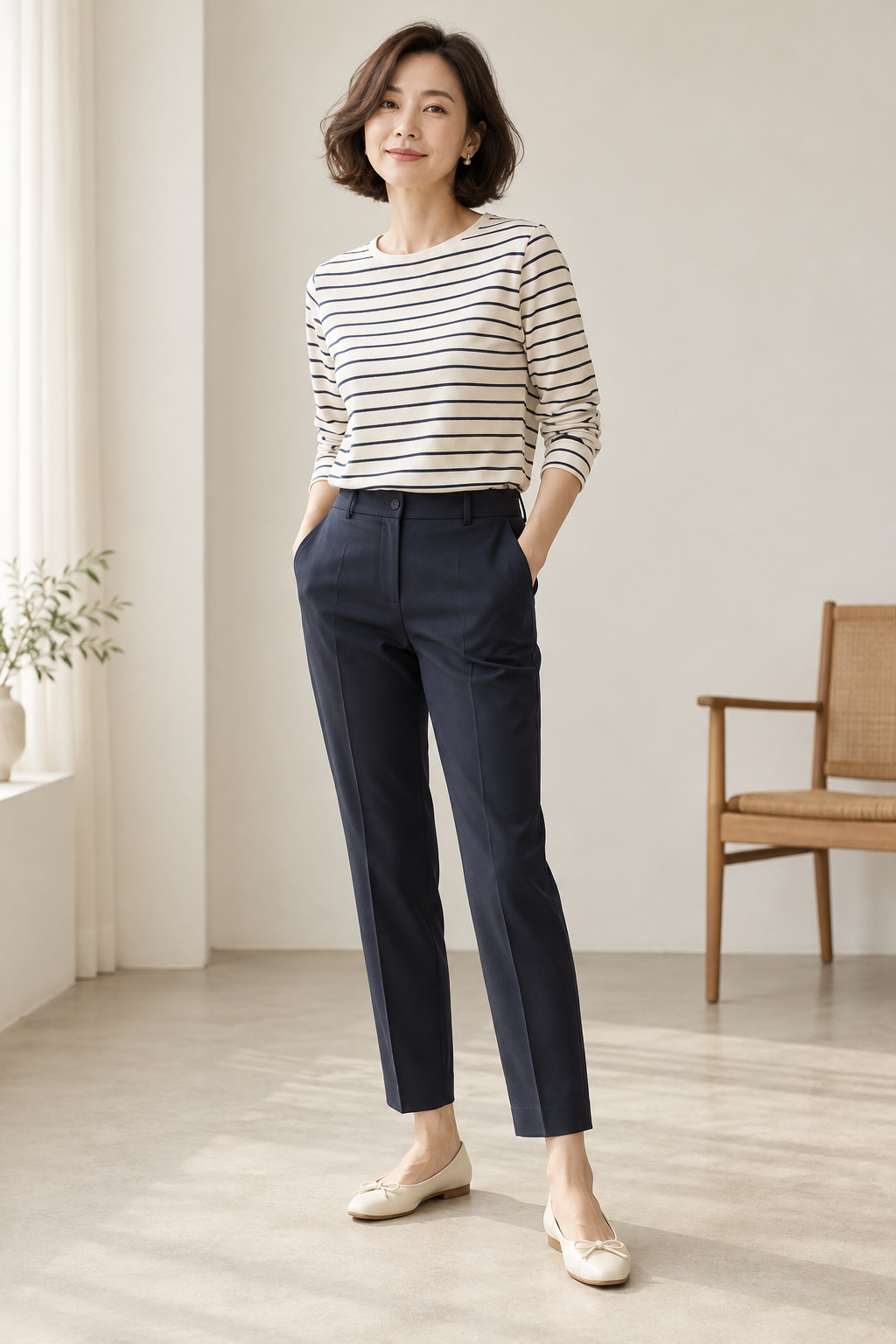 아이보리 스트라이프 긴소매 티셔츠 아이보리·네이비 착장 이미지